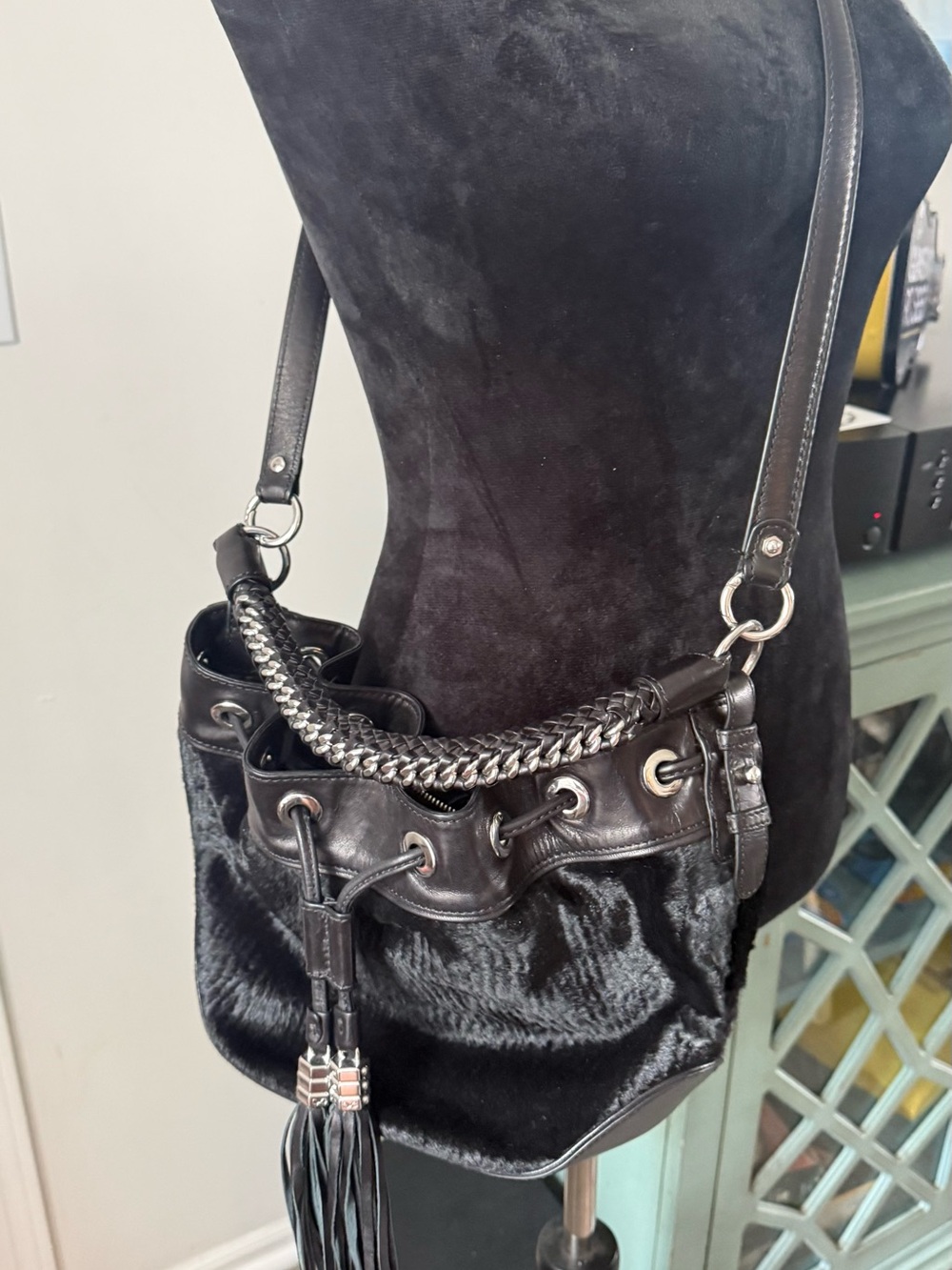 Monika Chiang Black Leather Bucket Bag with Braided Handle